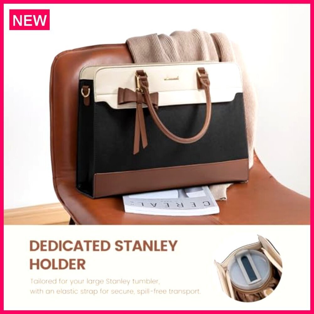 Leather Laptop Tote Bag for Women, Waterproof Work Briefcase, 15.6 Inch - Picture 4 of 7